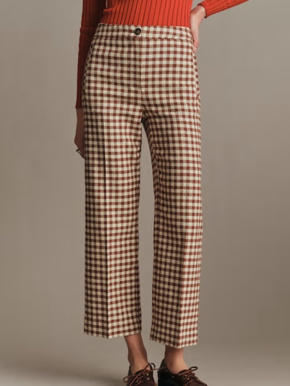 Sezane Martin Crop Trousers Brown Ecru Gingham Size 40
